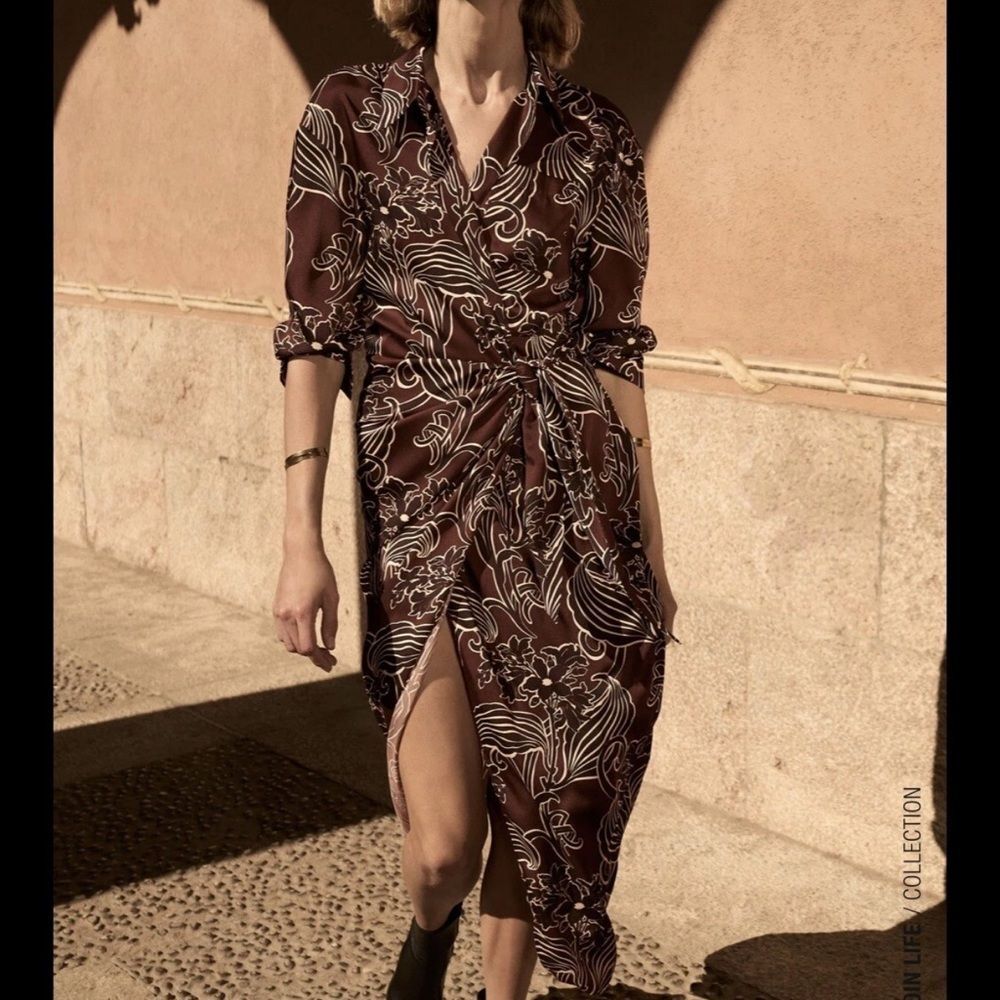 Zara Elegant Long Sleeve Dress in Brown and Cream Size S